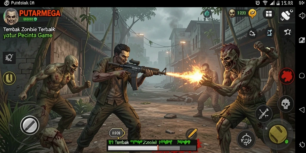 Tampilan antarmuka PUTARMEGA dalam aksi tembak zombie yang mendebarkan.